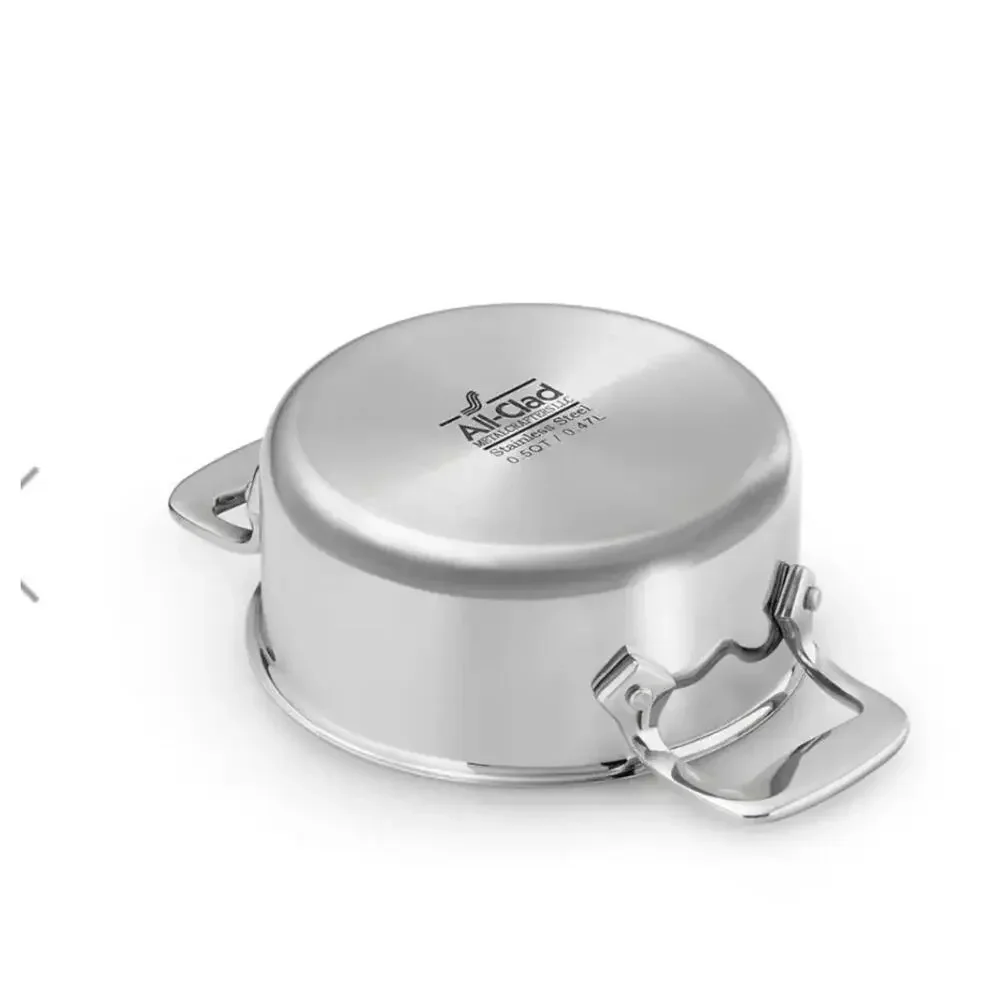 Two ALL CLAD Stainless Steel 1/2 QT. Cocotte with Lids. New. Lifetime Warranty